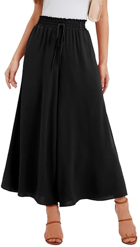 WUWUSKY Jupe Culotte Femme Pantalon Large Taille Haute Pantalon d'Été Léger Infroissable de Plage avec 2 Poches pour Quotidien et Soirée, 01 Noir, M