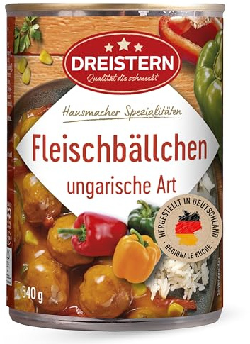 DREISTERN Fleischbällchen 540g I Mit Schweinefleisch in Paprikasauce I Herzhafte Spezialität in recyclebarer Konservendose I Lange Haltbarkeit dank natürlicher Konservierung I Hausmacher Qualität