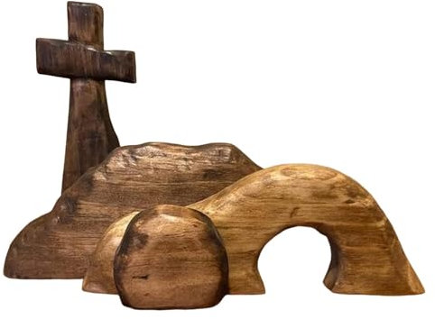 Scena di Pasqua e croce tombale vuota, statua tomba vuota con croce in legno con presepe di Gesù - Set statua in legno rimovibile espandibile per Pasqua, decorazioni per feste di Natale