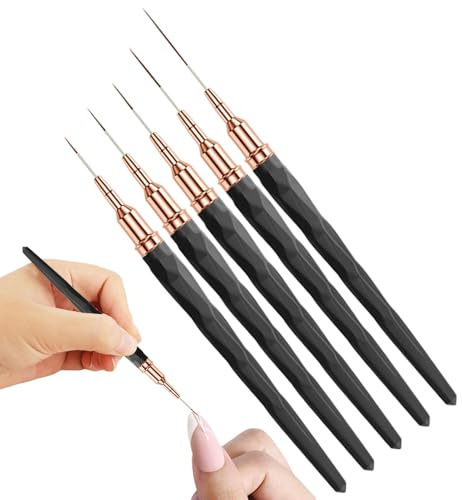 Kustimantu Pinceles para diseño de uñas, pincel para delinear uñas, 5 unidades, puntas finas, tamaños 7/9/11/15/25 mm, gel UV, herramientas de diseño de uñas para líneas largas, detalles finos, finos