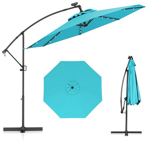 COSTWAY Sombrilla Terraza Exterior 3x3, Parasol Excentrico con 32 Luces LED Solar, Base Cruzada, Ajuste de Inclinación y Manivela, Rotación de 360°, Sombriila Jardin Terraza Balcón Patio