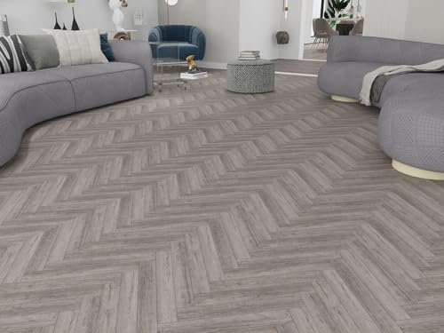 Built Right SPC Vinyl Click Lock Herringbone Flooring – Rustic Grey Oak Wood Effect Planks, 6.5mm Thick, Easy DIY Installation, Luxury Vinyl Flooring for Bathroom, Kitchen, Bedroom – 1.11m² Pack