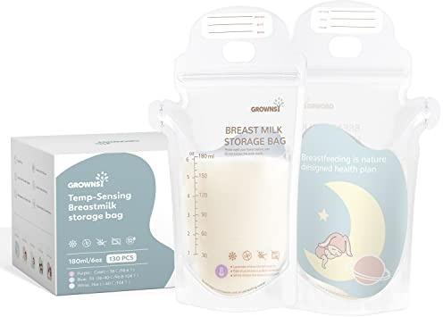 GROWNSY Muttermilch-Aufbewahrungsbeutel 130 Stück, 180ml BPA-frei Muttermilch Aufbewahrung Bag, Milchbeutel für Muttermilch temperaturfühlend， selbststehend und auslaufsicher