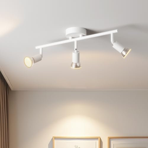 LVWIT Plafonnier LED 3 Spots, Luminaires Intérieur GU10 Blanc Givré, Spot Plafond Lustre Salon, Métal Rampe (Sans Ampoule)