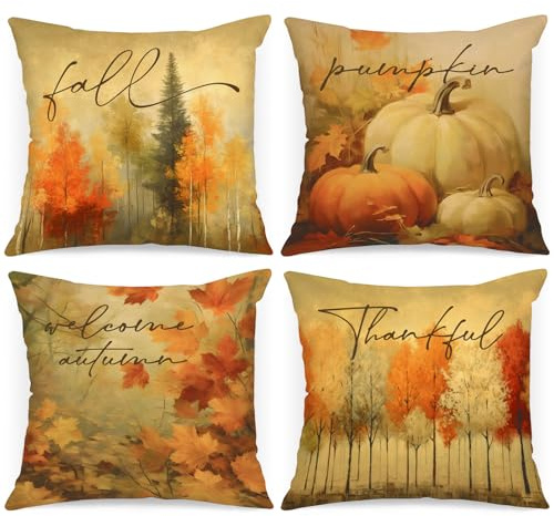 Benjia 4 Stück Kissenbezug Herbst Kissenhülle 50x50 cm, Waldkürbis Dekorative Herbstkissen für Thanksgiving Halloween Bettwäsche Sofa Decorations 50 x 50 cm