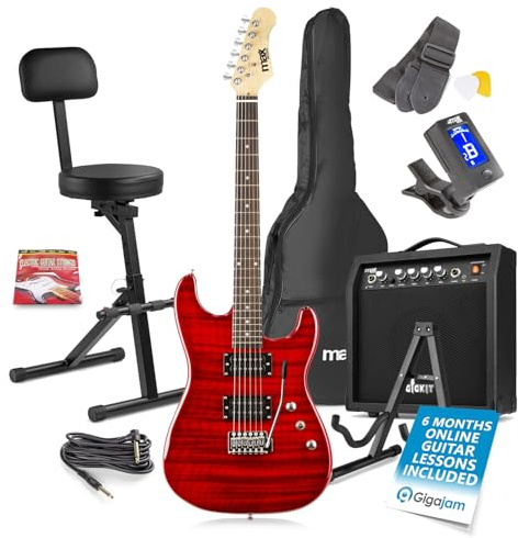 MAX GigKit Beginner Electric Guitar Kit - Dark Red Quilt Top with 40W Amplifier, Folding Guitar Stool, Stand & Starter Pack Accessories