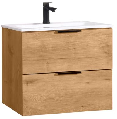 Kometmöbel Waschbecken mit Unterschrank 60cm Waschtisch Eiche 2 Soft-Closing Schubladen Badmöbel Set wandhängend (Eiche 60cm, Ohne Wasserhahn)