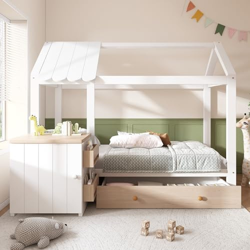 Hausbett 90x200 cm, Kinderbett aus Massivholz mit Nachttisch & Aufbewahrungsbox & Schubladen, Montessori Bodenbett Baumhausbett Jugendbett mit Rausfallschutz und Lattenrost, ohne Matratze, Weiß+Eich