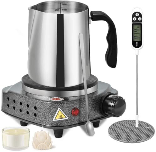 Wax Melter for Candle Making, Electric Hot Plate, 900ml Stainless Steel Cup, Thermometer, Potholder, Spoon, Anti-Scald Handle, Melting Pot