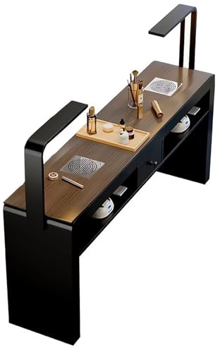 YUSDATC Black Ergonomic Manicure Workstation With Solid Wood Plywood Frame, Built-In LED Illumination And Dust Collection System, Curved Salon Desk With Hidden Drawer & Open Shelves For Professional