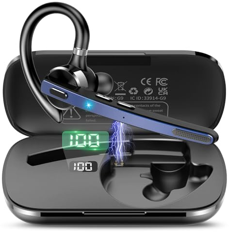 Bluetooth Headset V5.3, Wireless Freisprech Telefon mit CVC 8.0/ENC Dual Mic, APTX, Mute Zwei-Geräte-Verbindung Headset Handy, 90 Std Spielzeit Bluetooth Ohrhörer mit Ladebox für Geschäft/Trucker Blau