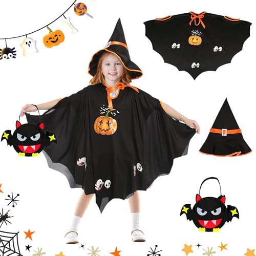 ZoneYan Halloween kostym för barn, fladdermuskappa med hatt och väska, häxkostym för höjd 90–150 cm flickor pojkar, pumpakappa för halloween karneval cosplay fest