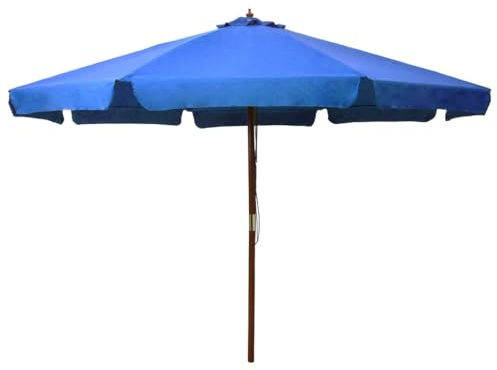 Ombrellone da Giardino con Palo in Legno, 330 cm Diametro, Tessuto Poliestere Resistente UV, Sistema a Doppia Carrucola, per Piscina Balcone e Spiaggia, Blu Azzurro