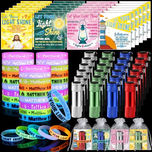 Flutesan 96 Pcs Easter Let Your Light Shine Gifts Glow in Dark Christian Religious Mini Flashlights Bulk Silicone Bracelets Bible Verse Cards Bags for Baptism Party Trunk or Treat Stuffed Gifts
