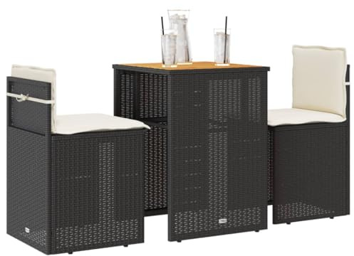 Teenpull 3-TLG. Bistro-Set Schwarz, Poly Rattan Gartenmöbel mit Kissen, Akazienholz Tischplatte, Outdoor Sitzgruppe für Balkon, Terrasse, Patio
