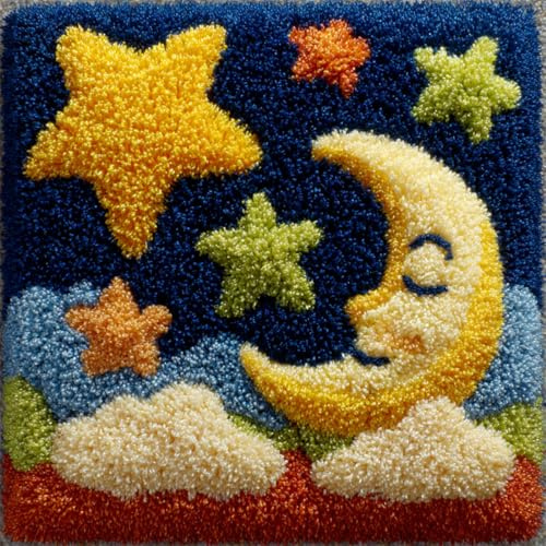 Kitquiver Knüpfkissen Mit Vordruck Cartoon-Sterne Und Mond Knüpfhäkel-Set Für Erwachsene Und Anfänger,Stickerei-Häkelset,Diy-Kissenbezug-Sets 43x43cm