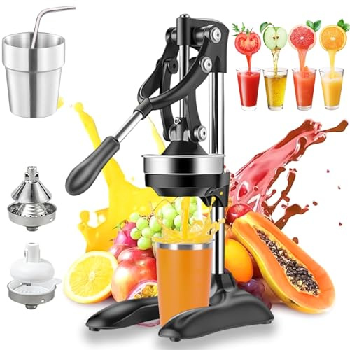 Cast Iron Juicer Hand Press - Easy-to-Clean, Heavy-Duty, Effective Stainless Steel Manual Juicer Fruit Squeezer, Home & Kitchen Professional Manual Citrus Juicers for Lemonade Orange Juice (Black)