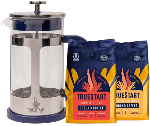 TrueStart Cafetiere & Coffee Set - 1x 1L Blue Cafetiere (8 Cups), 2x 100% Arabica, Freshly Hand-Roasted Ground Coffees (Super Blend Strong & Energising Colombian) - Perfect Brewing Bundle Gift Box