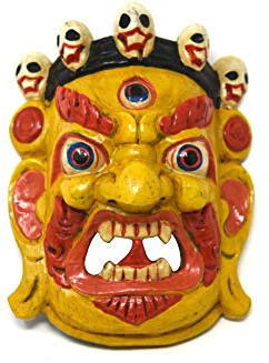 TM THAMELMART FOR BEAUTIFUL MINDS Hand Craving Nepalese Lord Mahakala Tibetan Buddhism Wooden Mask Wall Decor (Yellow)