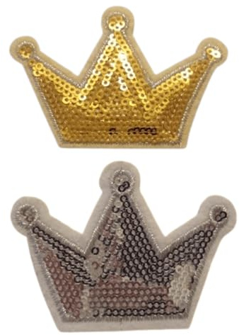 Strass Glitzer Krone Aufnäher Aufbügler Bügelbilder Set Iron on Patches Applikation mit Pailletten Glitzer für Kleider Frauen zum aufbügeln Krone gold und silber je 8 x 5 cm 