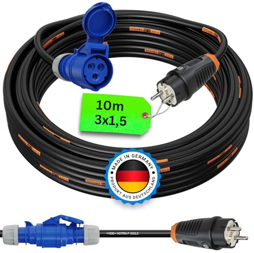 CEE Campingkabel Adapter Kabel Stromadapter Camping Schuko-Vollgummi-Stecker auf CEE Kupplung für Wohnwagen Wohnmobil TITANEX H07RN-F 3G1,5mm² 16A 230V 10m