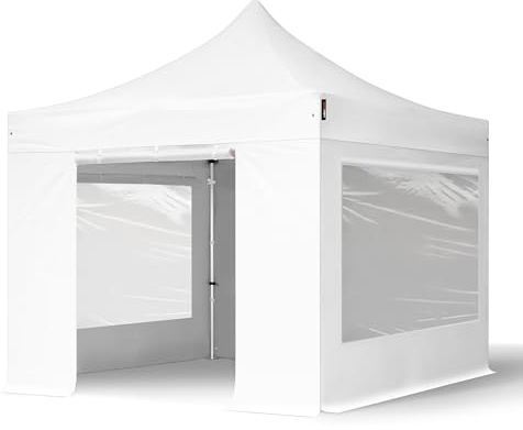 TOOLPORT 3x3m Gazebo Pieghevole PES 800 con Laterali (finestre panoramiche), Professional 40mm Alluminio, Bianco