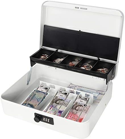 Parrency Locking Large Metal Cash Box with Money Tray, Money Box with Combination Lock, 11.8L x 9.5W x 3.5H Inches, White