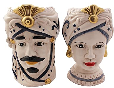 ILAB Coppia Teste di Moro Regina e re in Ceramica siciliana Decorata a Mano Blu e Oro Moderno gic h25cm