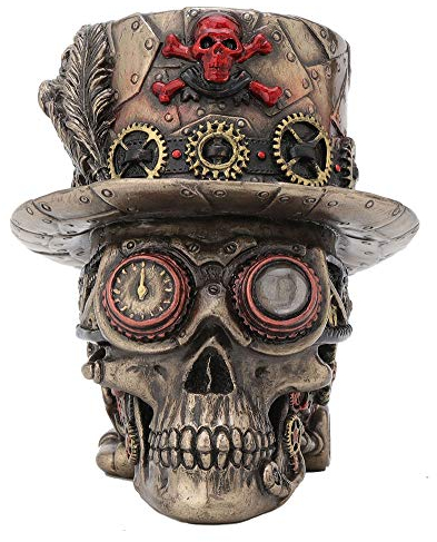 Veronese Design Steampunk-Skulptur mit gekreuzten Knochen, Zylinderhut, Motorschädel, Antik-Bronze-Finish, Tischfigur, 11,4 cm