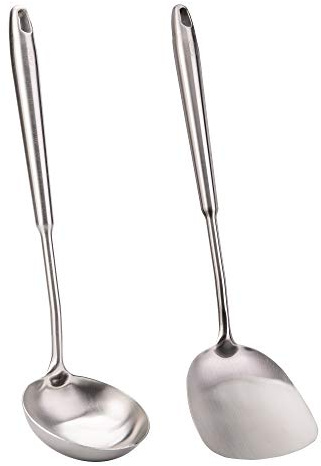 FJNATINH Wok Spatula and Soup Ladle Set - 304 Stainless Steel Wok Utensil Tools Set, 2 Pieces All Metal Cooking Kitchen Utensils,Chinese Wok Accessories for Cast Iron/Carbon Steel Wok