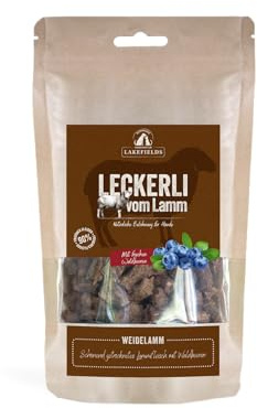 Lakefields Hundeleckerli | Trockenfleischwürfel vom Lamm | 150g | 90% Lammfleisch | Getreidefreie Hunde Snacks mit Kartoffeln & Waldbeeren | Knusprige Belohnung für Zwischendurch | Ohne Zusätze