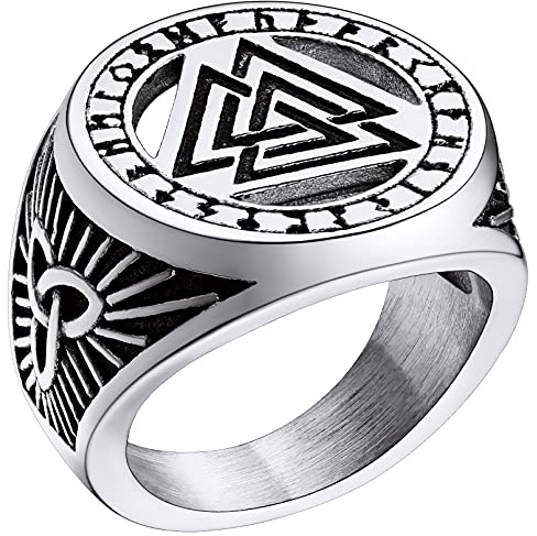 FaithHeart Viking Style Fingerring mit Valknut Wikinger Valknut Siegelring im Runenkreis Nordischer Fingerring in Ringgröße 59.5mm personalisierter Ring für Geburtstag Weihnachten
