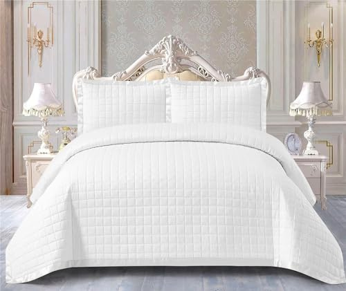 PRIME LINENS 3 Piece Quilted Bedspread Throw + 2 Matching Pillow Shams Coverlets Bedding Set Embossed Quilt Bed Throw Embroidered (White, Super King (270 x 250 Cm))