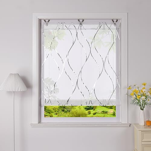 Heichkell Raffrollo mit Hakenaufhängung Ösen Raffgardine mit Foliendruck Transparent Küche Raffgardine Modern Wellen Druckmuster Rollos ohne Bohren Kleinfenster Vorhang Silber BxH 120x130 cm
