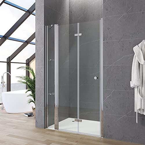 Duschtür mit Festteil und Eckregalen breite 110 cm Verstellbereich 108-111 cm Falttür Drehfalttür mit festem Seitenteil Duschabtrennung Duschwand Glas für Nische mit Duschablage Echtglas 5 mm klar