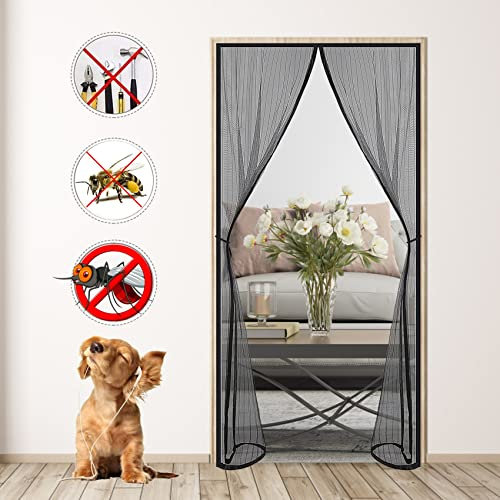 Magnetic Screen Door, 145x215cm Upgraded Magnetic Fly Screen DoorDogs Pets Friendly Fly, Retractable Mesh with Self Sealing Magnets Black