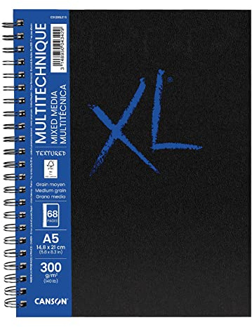 CANSON XL Mixed Media Textured Book, Mixed Media Papier, Mittlere Körnung, 300 g/m², an der langen Seite Spiralgebundes Buch, DIN A5, 14,8 x 21 cm, Weiß, 34 Blatt | Mittelkörnig, Spiralblock, für professionelle Künstler und Studenten