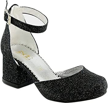 SIRRI Fleur Filles Communion Bas Bloc Robe Noir Chaussures Gros Talons fermé Bout Rond Bride à la Cheville Pompe Anno 35