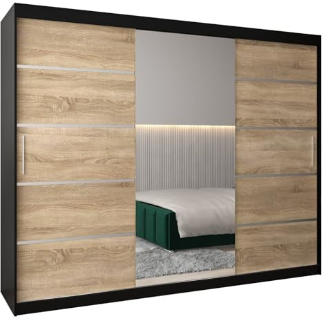 MEBLE KRYSPOL Kleiderschrank mit Spiegel Verona 2 - Garderobenschrank - Schrank Schlafzimmer - Mehrzweckschrank DREI Schiebetüren - Regalen - Flur Möbel - Kleiderstange Schrank - Allzweckschrank