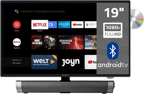 Reflexion_TV LDDW19iSB+ DVD-PlayerSmart-TV 19 Zoll für Wohnmobile und Wohnwagen 12V KFZ-Adapter mit Soundbar HD Auflösung HDMI, WLAN, Bluetooth erschütterungsfest, schwarz, LDDW19i+