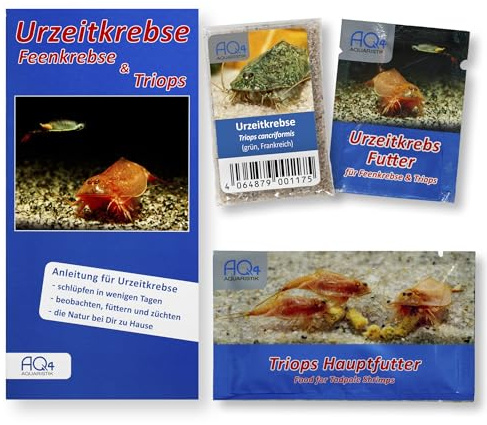 Triops cancriformis (grün, Frankreich) Starterset, ca. 100 Eier, Futter-Set | Nachfüllset, Aufzuchtfutter, Hauptfutter, Anleitung, kräftig gemusterte Urzeitkrebse, Triopszucht