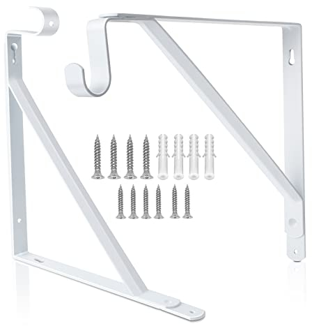 Closet Rod Bracket, Heavy Duty Shelf Bracket with Rod Holder, 10.9X 10.2 inch White Closet Rod Support Wall Mounted Clothes Hanger Pole Support Hooks, 2 Pack