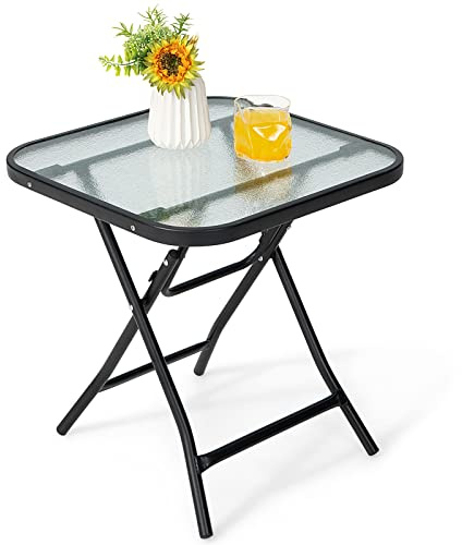 GOPLUS Mesa auxiliar cuadrada plegable de cristal para terraza de 46,5 cm, mesa auxiliar pequeña portátil con estructura de metal, bandeja de cristal templado, mesa baja