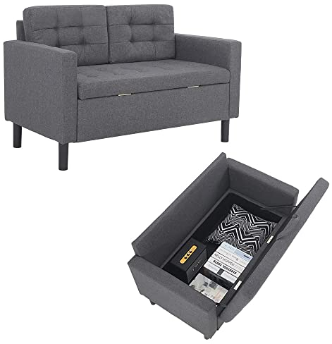 Mingone Sofa 2 Sitzer Sofa Couch Sessel Sofa mit Lehne mit Stauraum und Abnehmbarem Pull-Point Modern Design Kissen Leinen Loungesofa Dunkelgrau