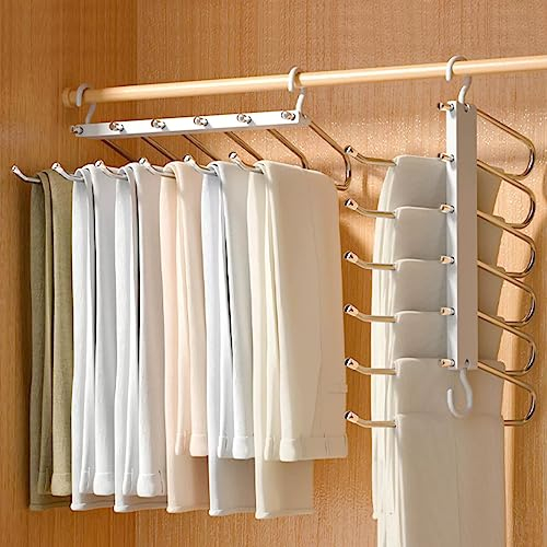2 Stück Hosenbügel Platzsparend 6 in 1 rutschfeste magische Kleiderschrank Organizer Weiße Kleiderbügel für Hosen aus Edelstahl Mehrfach Hosenbügel Platzsparend für Schals, Hosen, Kleidung