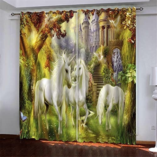 Schattierung Vorhänge 2Er Set 3D Fantasy-Einhorn Druck Isolierung Schalldichte Kinder Gardinen Blickdicht Mit Ösen Vorhang Fenster Für Wohnzimmer Schlafzimmer Balkon 182(B) X214(H) cm