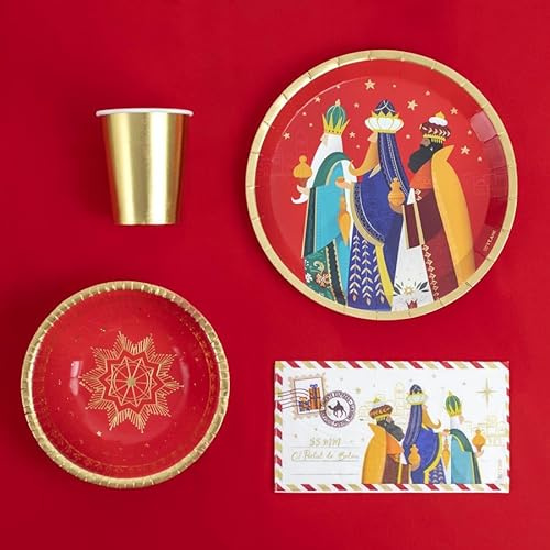 Kit Vajilla de cartón Desechable con decoración y temática navideña con diseño de Reyes Magos para 6 Personas – Pack para 6 Personas. Decoración Mesa Navidad Reyes Magos.