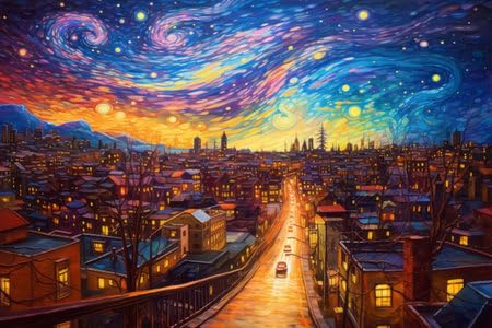 adrium Holz-Bild 110 x 70 cm: Illustration einer wunderschönen Stadt bei Nacht im Mosaik-Farbstil, erstellt mit generativer KI-Technologie. (204854156)