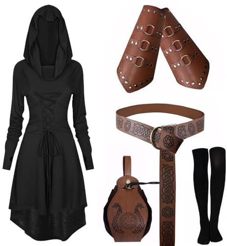 CNVAUIE Conjunto de vestido medieval con capucha para mujer, conjunto de disfraz renacentista con protectores de brazos, cinturón, cinturón, medias y accesorios (Negro, 3XL)