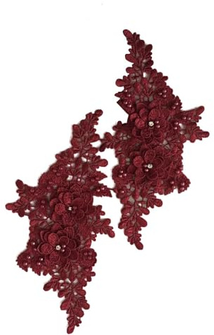 SYSUII 1 Paar 3D-Blumenstickerei Spitzenstoff Bestickte Perlen Blumenapplikation Aufnäher Stickerei Spitze Applikationen Nähen auf Patches für Kleidung Nähen Hochzeit Braut Kleid -Weinrot